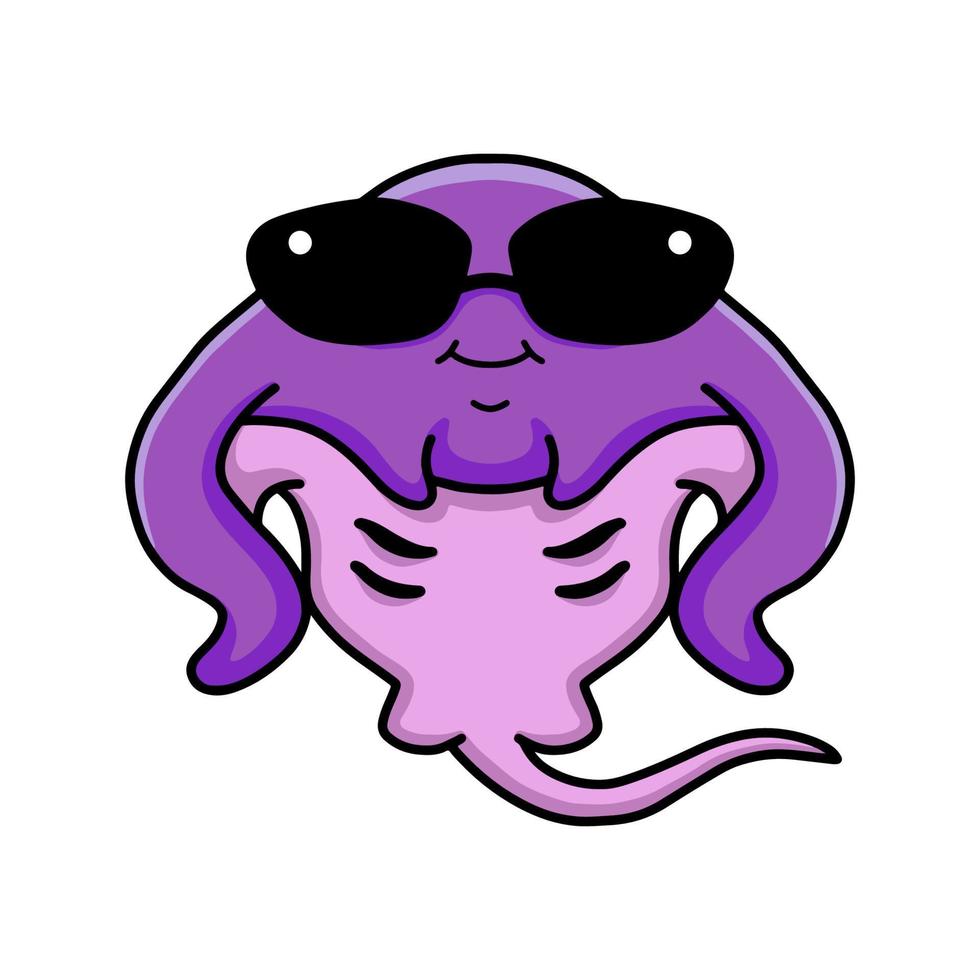 mignon petit dessin animé de raie violette portant des lunettes de soleil vecteur