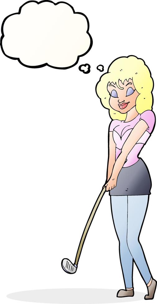 dessin animé femme jouant au golf avec bulle de pensée vecteur