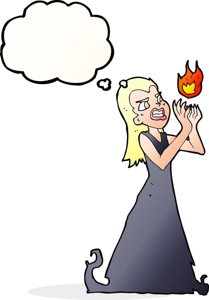 dessin animé sorcière femme jetant un sort avec bulle de pensée vecteur