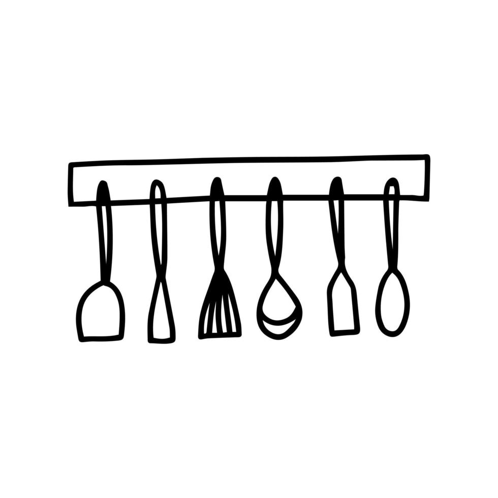 illustration de doodle d'ustensiles de cuisine suspendus. outils de cuisine de vecteur. vecteur
