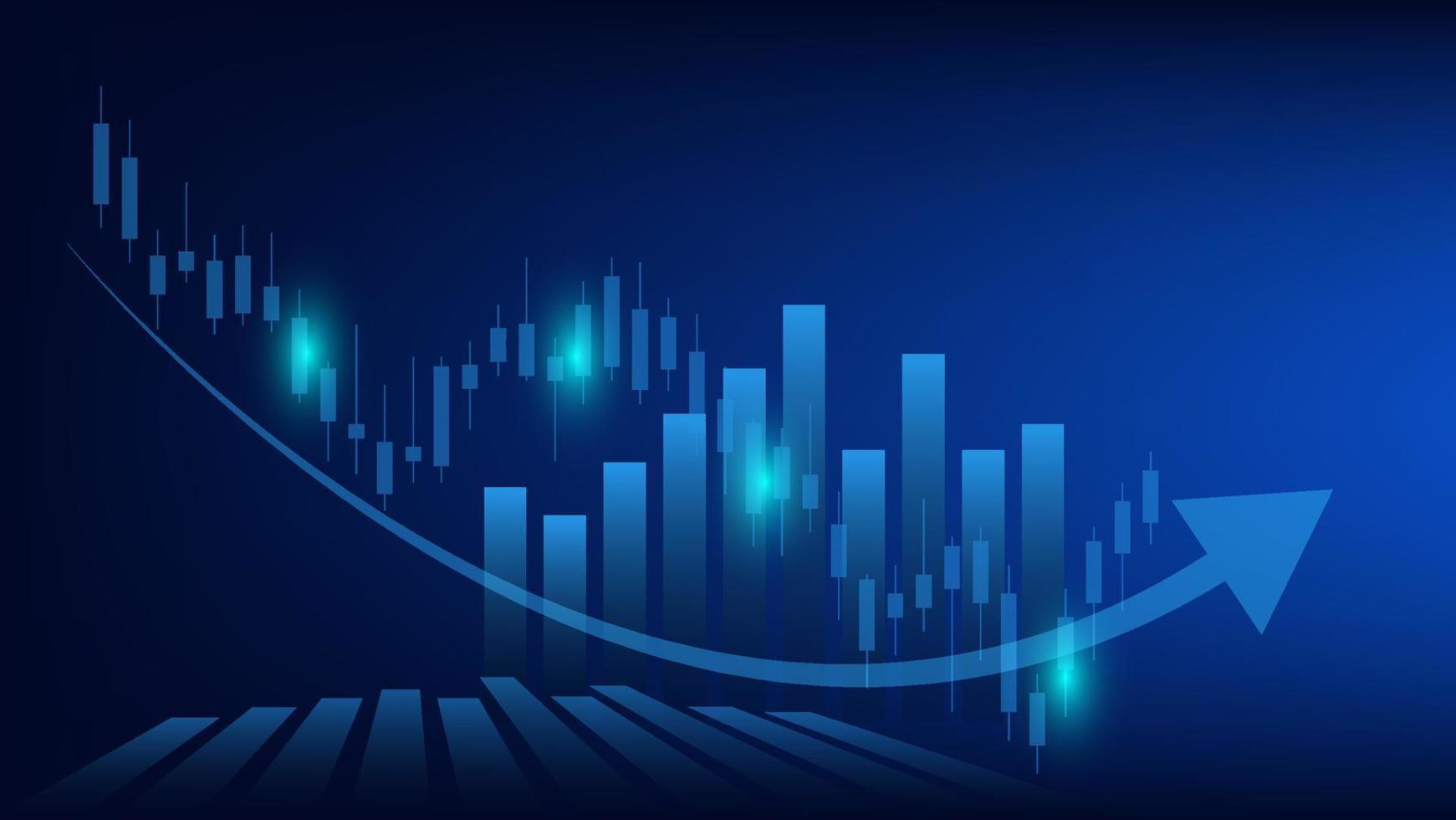 les statistiques des entreprises financières avec un graphique à barres et un graphique en chandeliers montrent le prix du marché boursier et les gains effectifs sur fond bleu vecteur