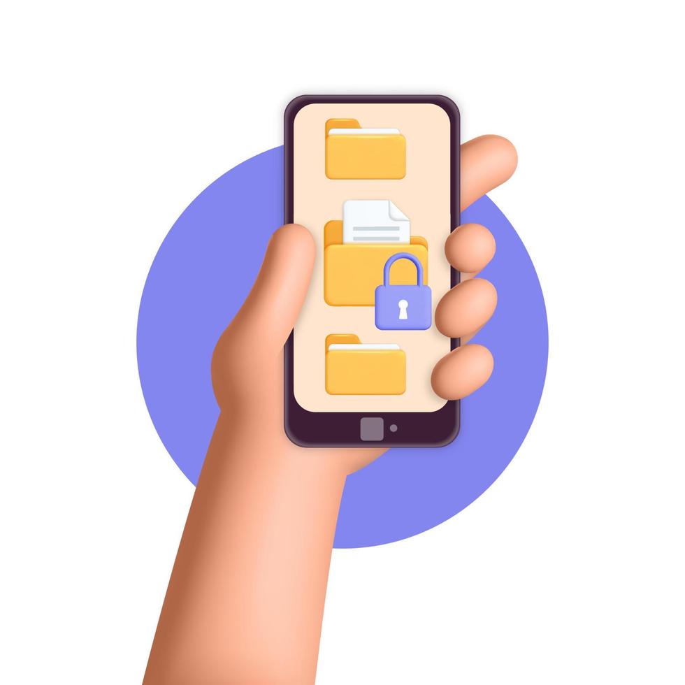 Main de vecteur 3d tenir smartphone avec illustration de conception d'icône de dossier de fichiers sécurisé