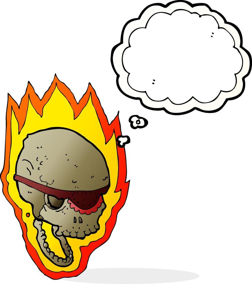 crâne de pirate enflammé de dessin animé avec bulle de pensée vecteur