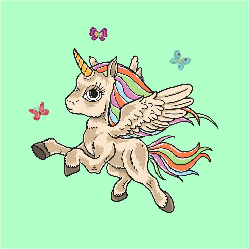 licorne colorée joue avec les papillons vecteur