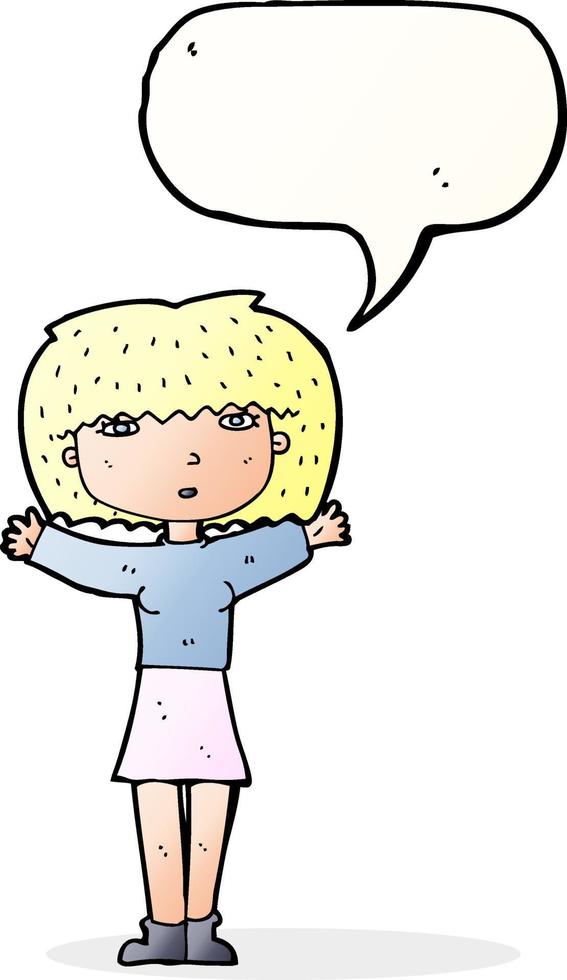 dessin animé femme levant les bras dans l'air avec bulle de dialogue vecteur