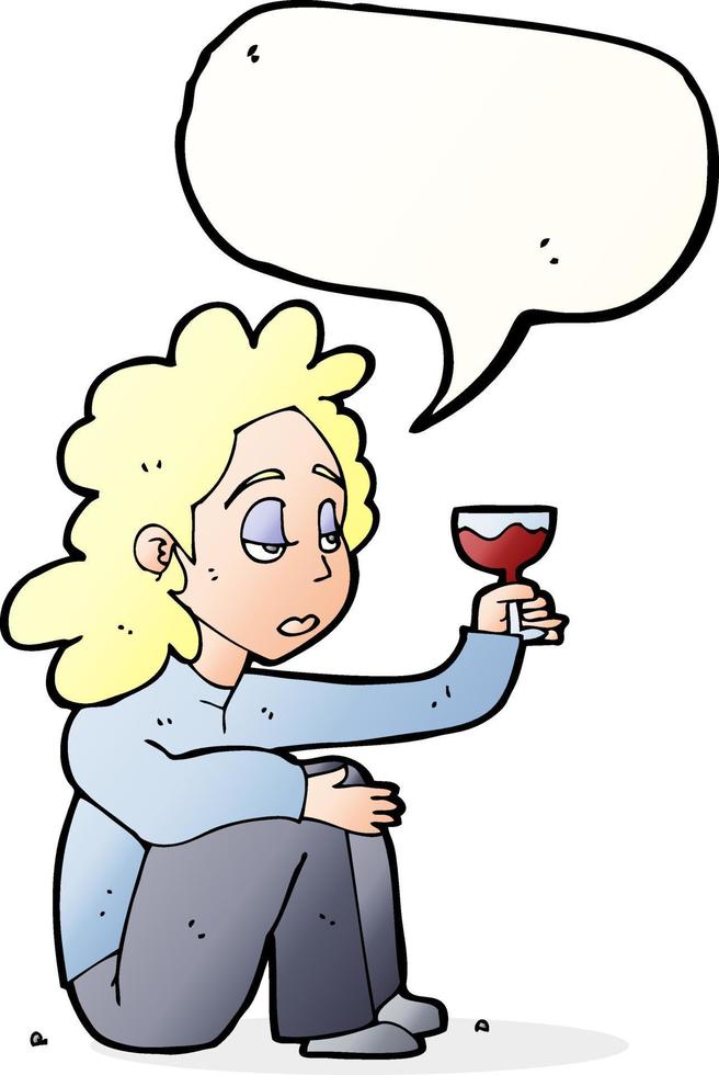 femme malheureuse de dessin animé avec un verre de vin avec bulle de dialogue vecteur