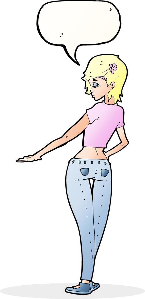 dessin animé jolie fille en jeans et tee avec bulle de dialogue vecteur