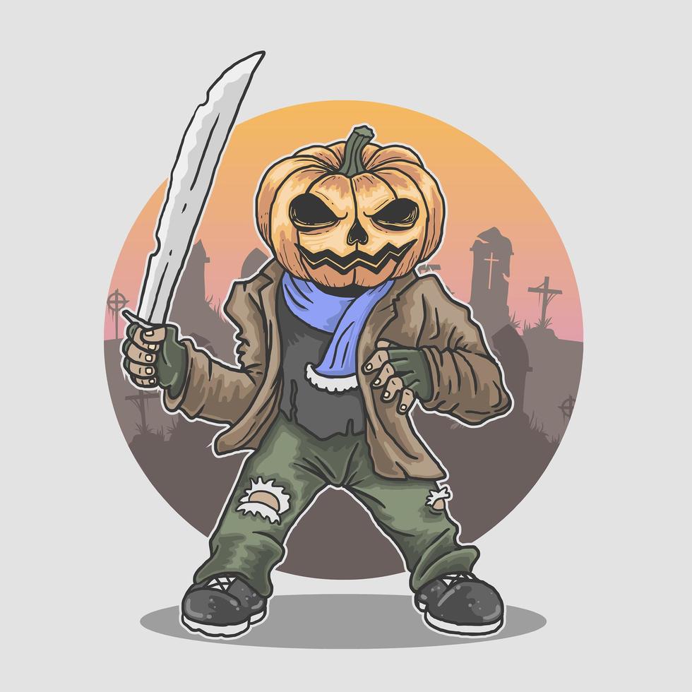 mascotte de tête de citrouille d'halloween avec machette vecteur