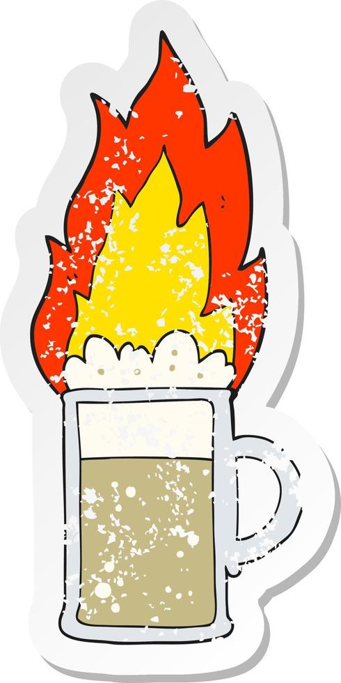 autocollant rétro en détresse d'une chope de bière enflammée de dessin animé vecteur