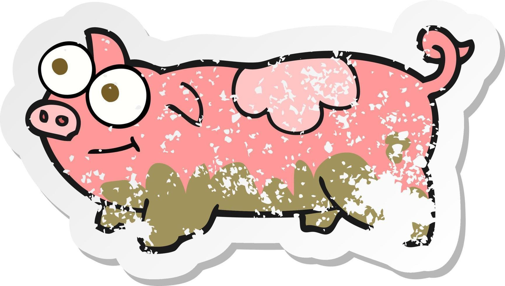 autocollant rétro en détresse d'un cochon de dessin animé vecteur