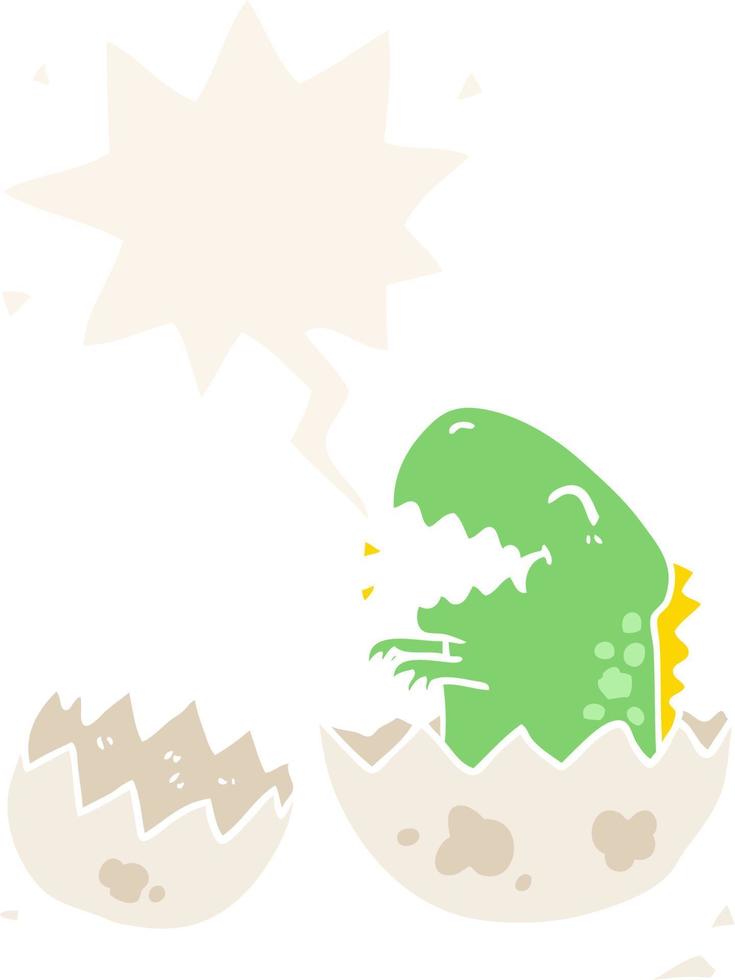 dessin animé dinosaure éclosion d'oeuf et bulle de dialogue dans un style rétro vecteur