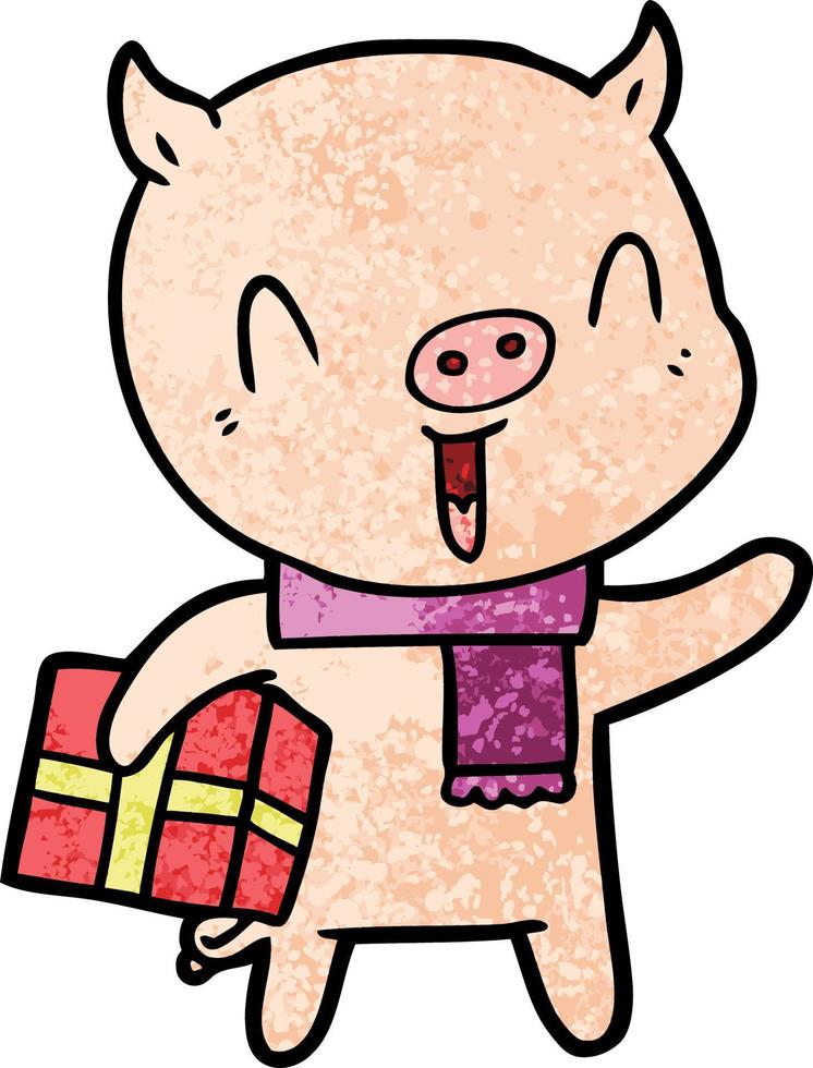 cochon dessin animé heureux avec cadeau de Noël vecteur