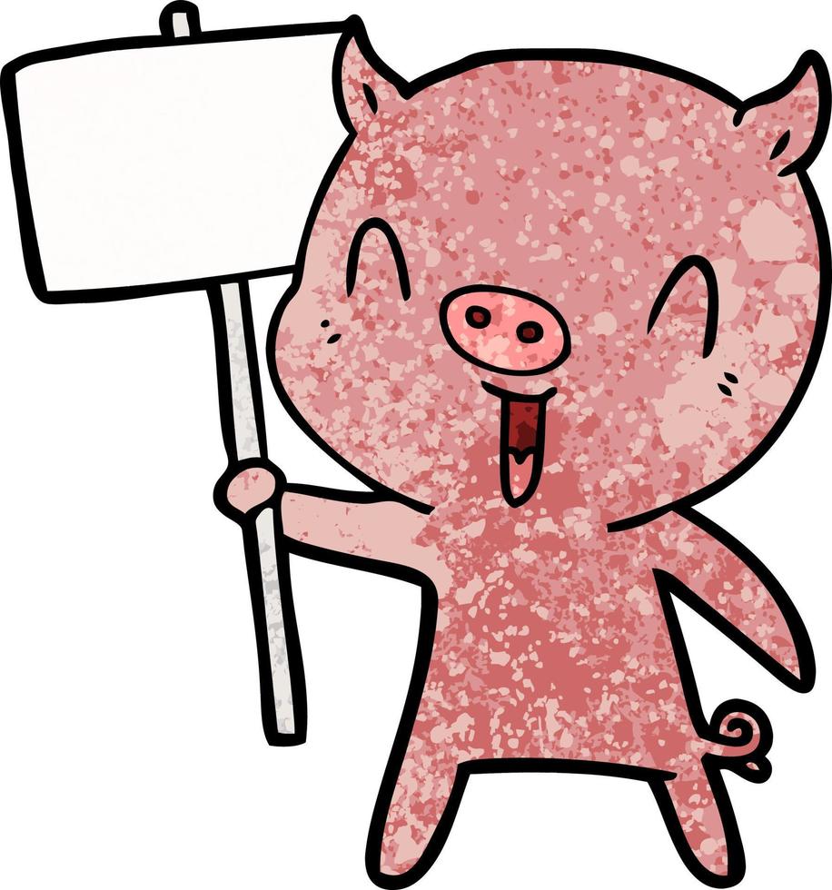 cochon dessin animé heureux avec poteau indicateur vecteur