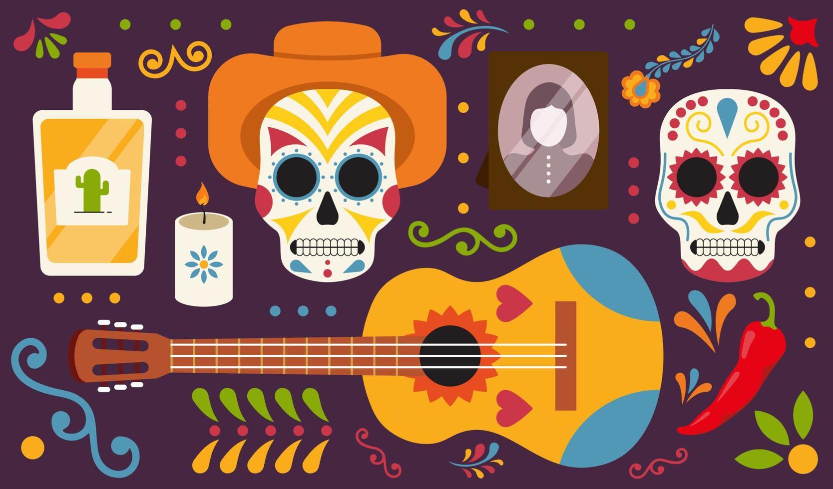 grand set mexicain pour le jour férié hispanique des morts. illustration vectorielle avec des crânes dans un style plat vecteur