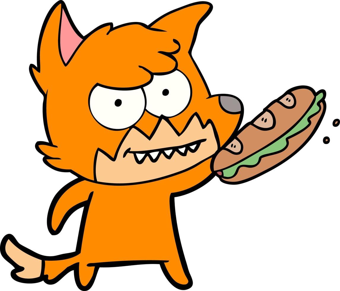 dessin animé souriant renard avec sandwich vecteur