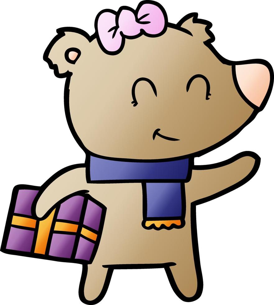 personnage de dessin animé d'ours avec cadeau vecteur