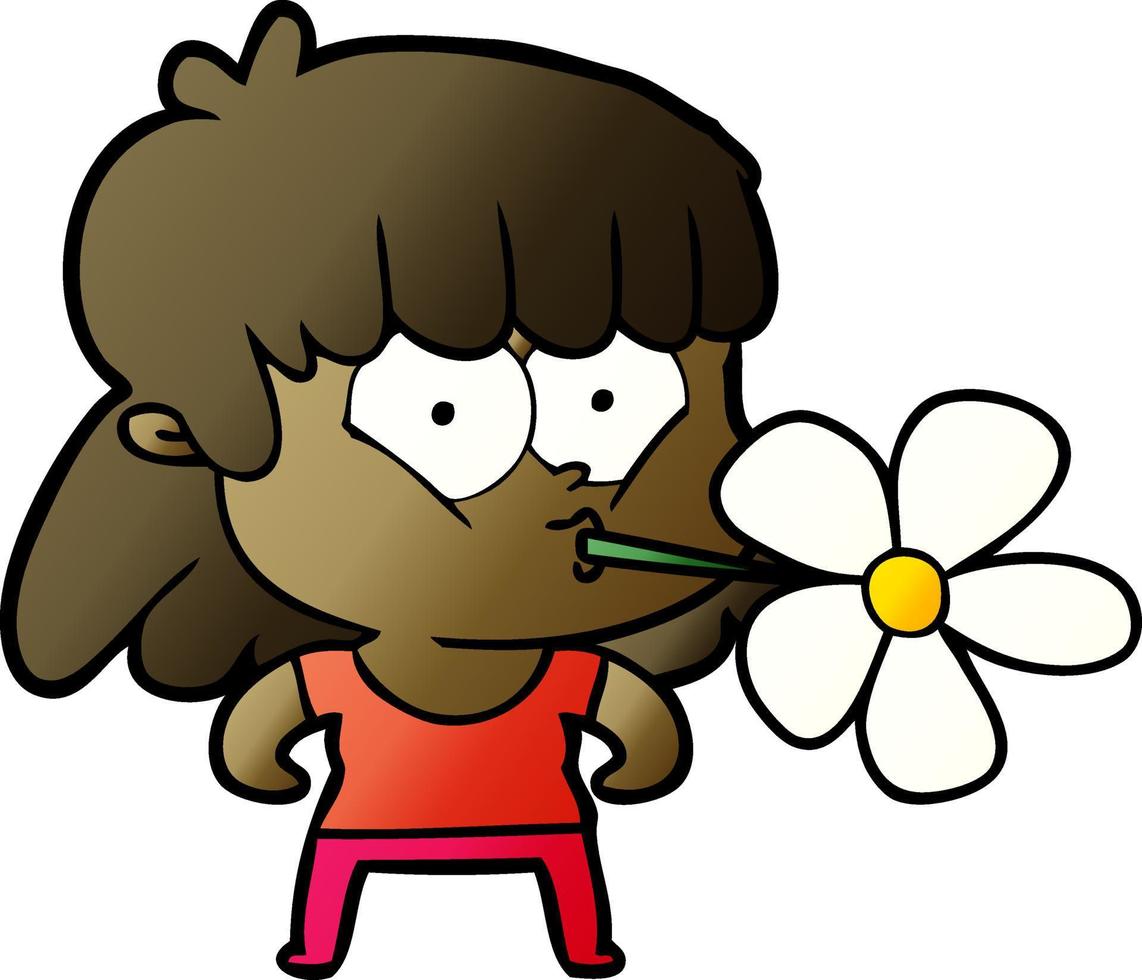 fille de dessin animé avec une fleur dans la bouche vecteur