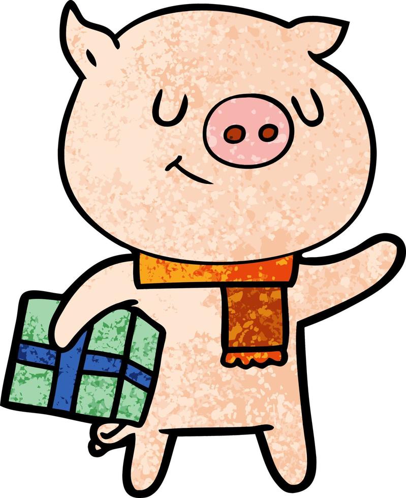 cochon dessin animé heureux avec cadeau de Noël vecteur