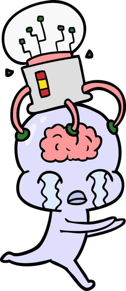 extraterrestre de gros cerveau de dessin animé pleurant avec l'interface du cerveau vecteur