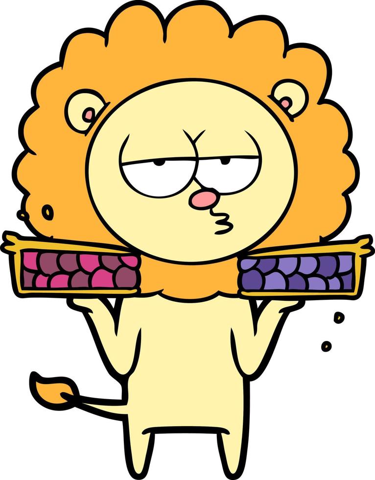 lion ennuyé de dessin animé avec des tartes vecteur