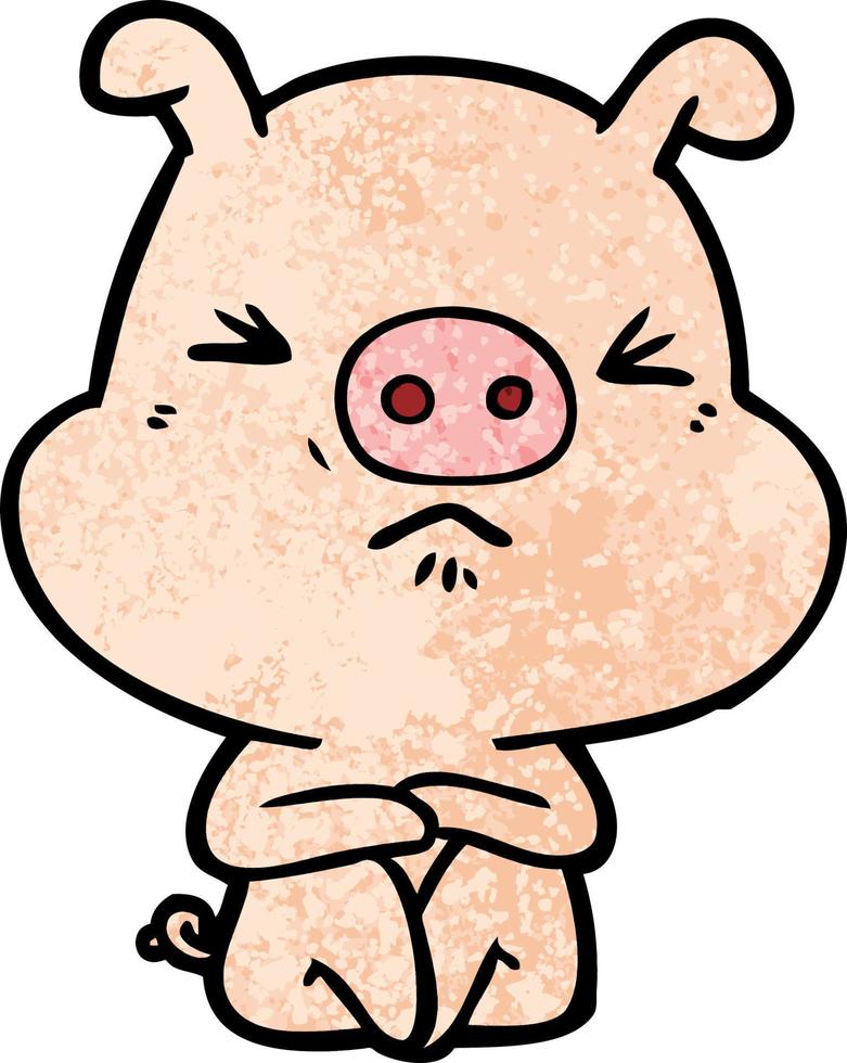 dessin animé cochon en colère assis en attente vecteur