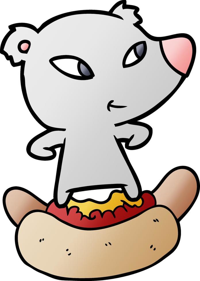 ours de dessin animé mignon chevauchant un énorme hot-dog vecteur