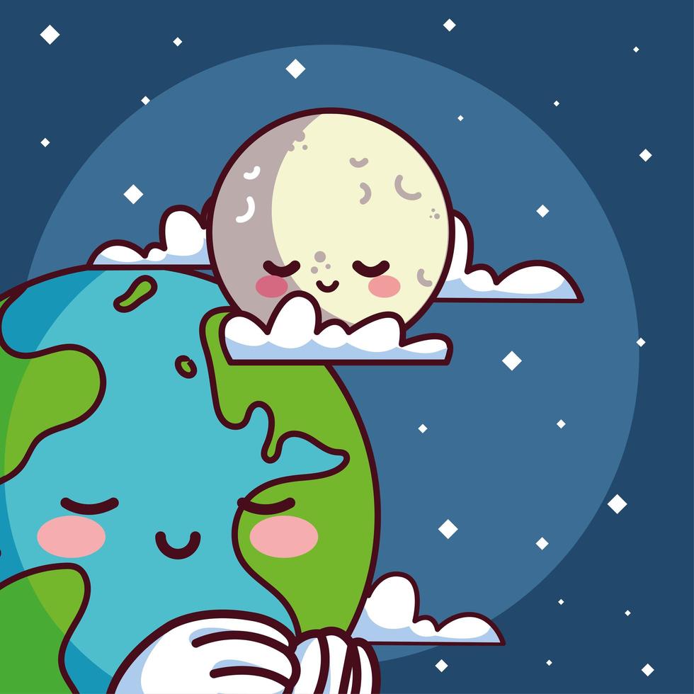 planète terre kawaii avec lune souriant vecteur