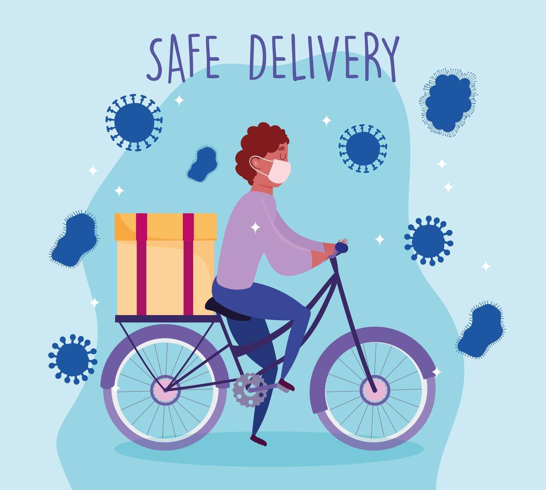 livraison en toute sécurité par courrier à vélo sur la pandémie de coronavirus vecteur