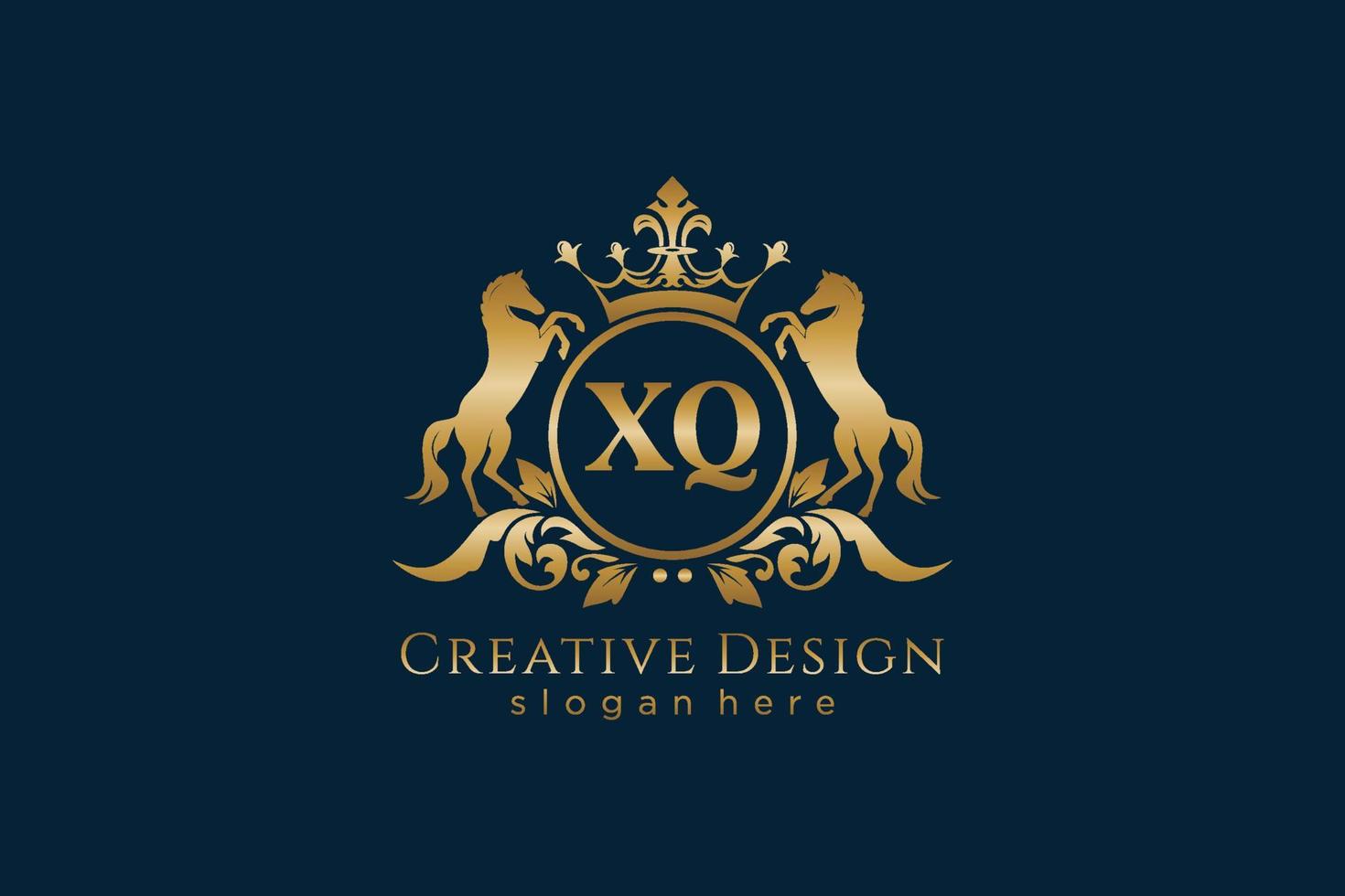 crête dorée initiale xq rétro avec cercle et deux chevaux, modèle de badge avec volutes et couronne royale - parfait pour les projets de marque de luxe vecteur