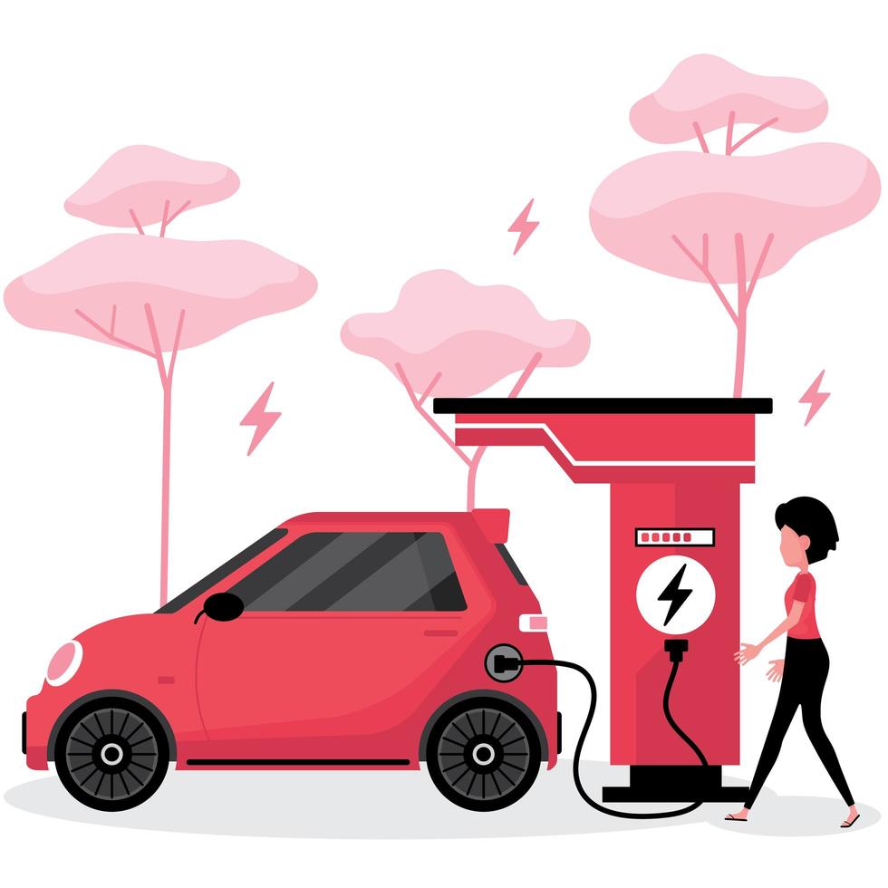 femme, charge, voiture électrique vecteur