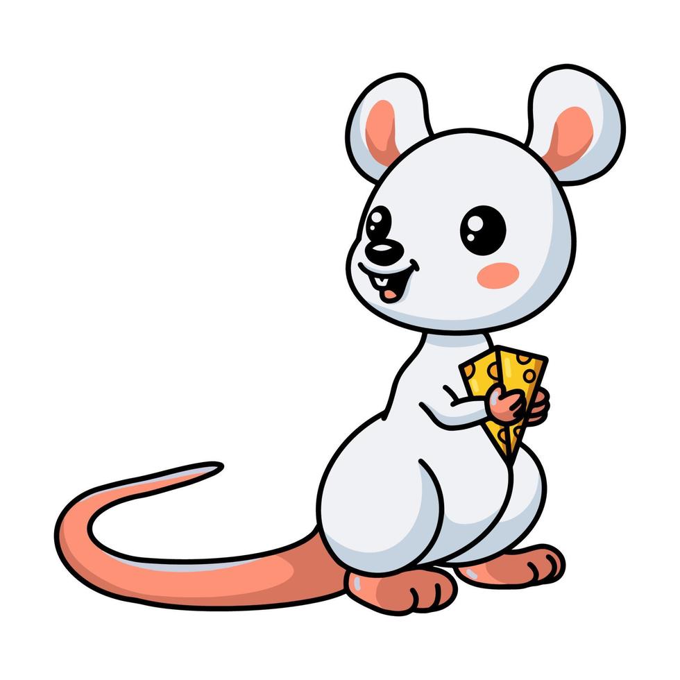 mignon petit dessin animé de souris blanche tenant un fromage vecteur