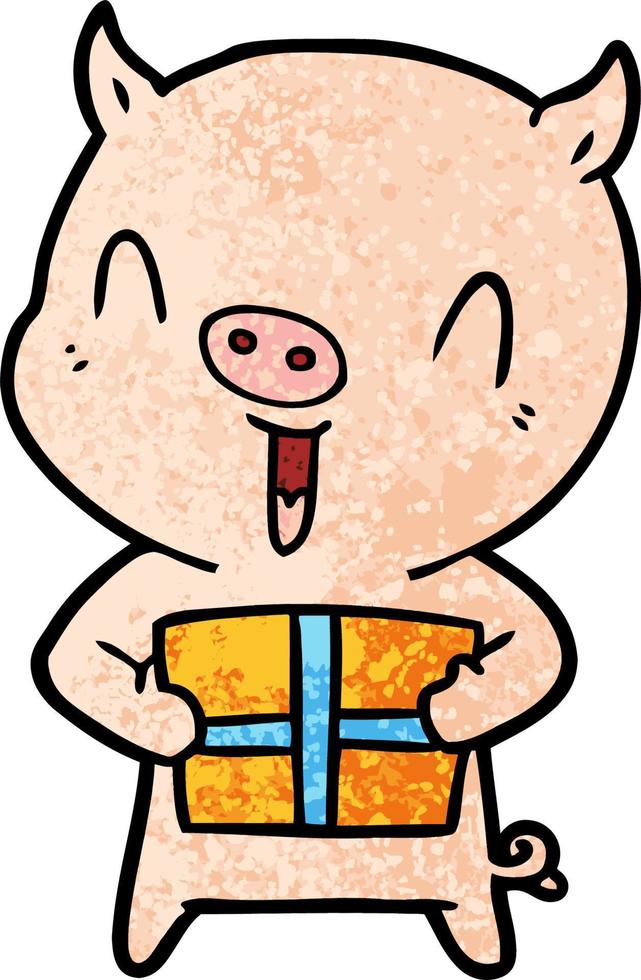 cochon dessin animé heureux avec cadeau de Noël vecteur