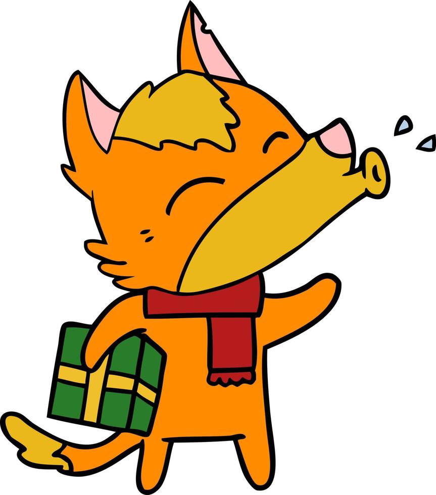 personnage de dessin animé de renard avec cadeau vecteur