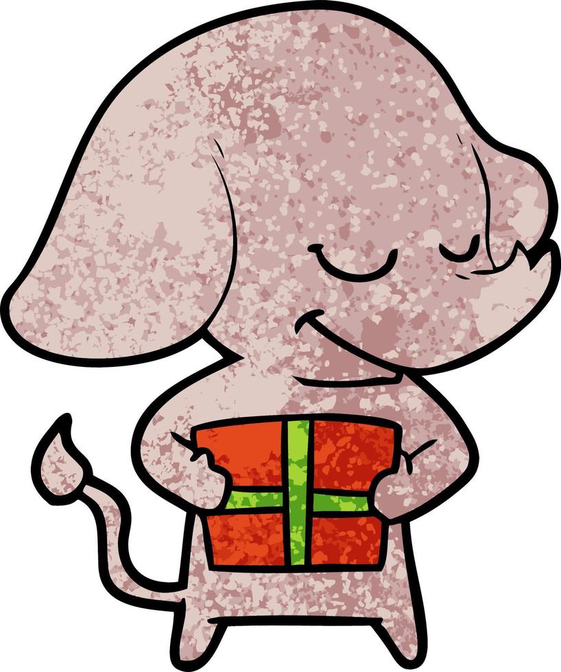 dessin animé souriant éléphant avec cadeau vecteur