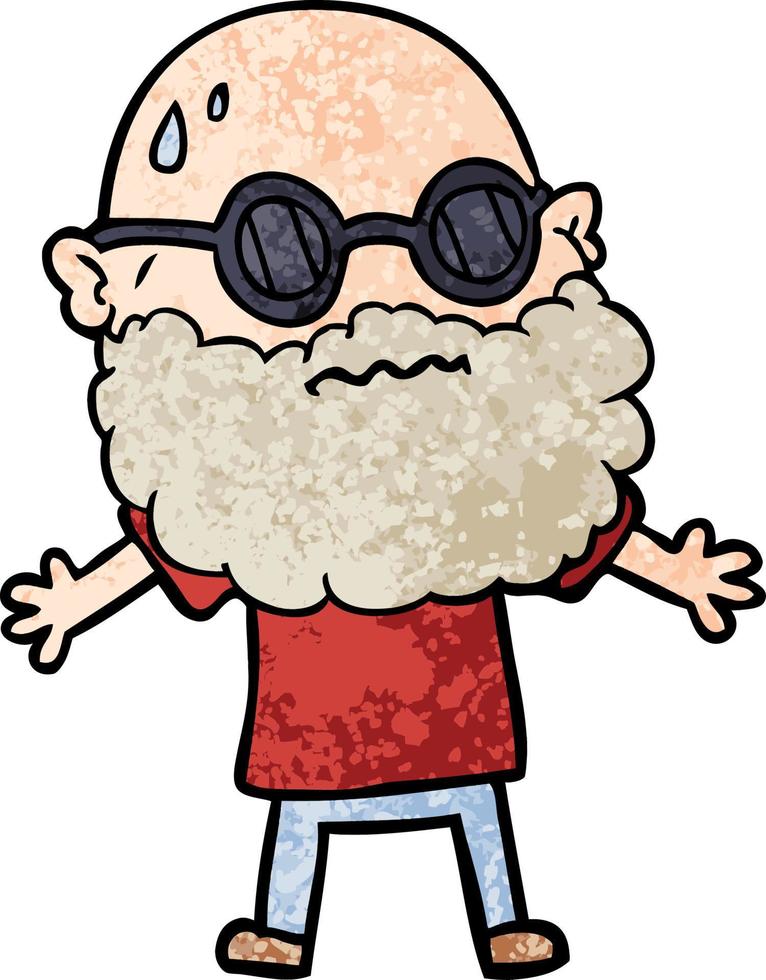 dessin animé homme inquiet avec barbe et lunettes de soleil vecteur