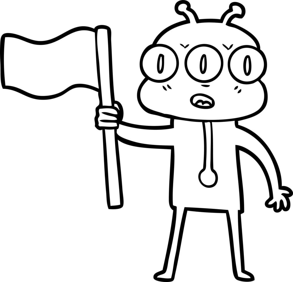 dessin animé extraterrestre à trois yeux agitant le drapeau vecteur