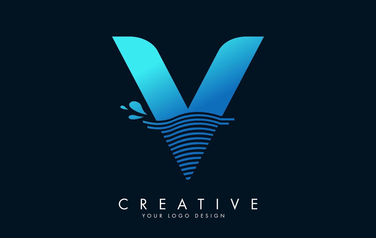 logo bleu lettre v avec motif vagues et gouttes d'eau. vecteur