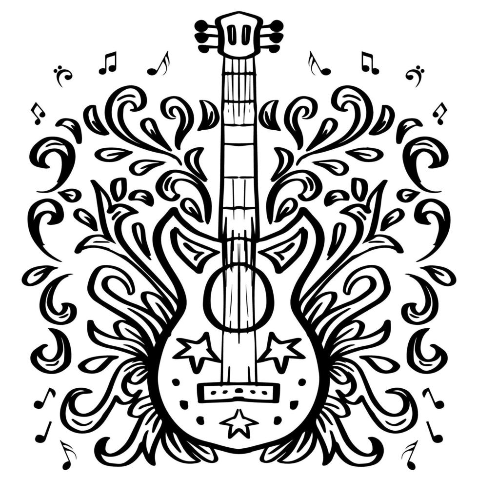 icône de guitare dessin à la main avec des éléments floraux vecteur