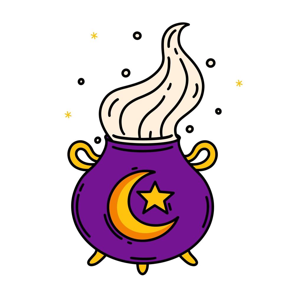 icône de vecteur de chaudron de sorcière. chaudière violette aux poignées dorées, décorée de symboles magiques - croissant, étoile. clipart de dessin animé plat isolé sur blanc. potion à la vapeur. illustration pour le web, le logo, les applications