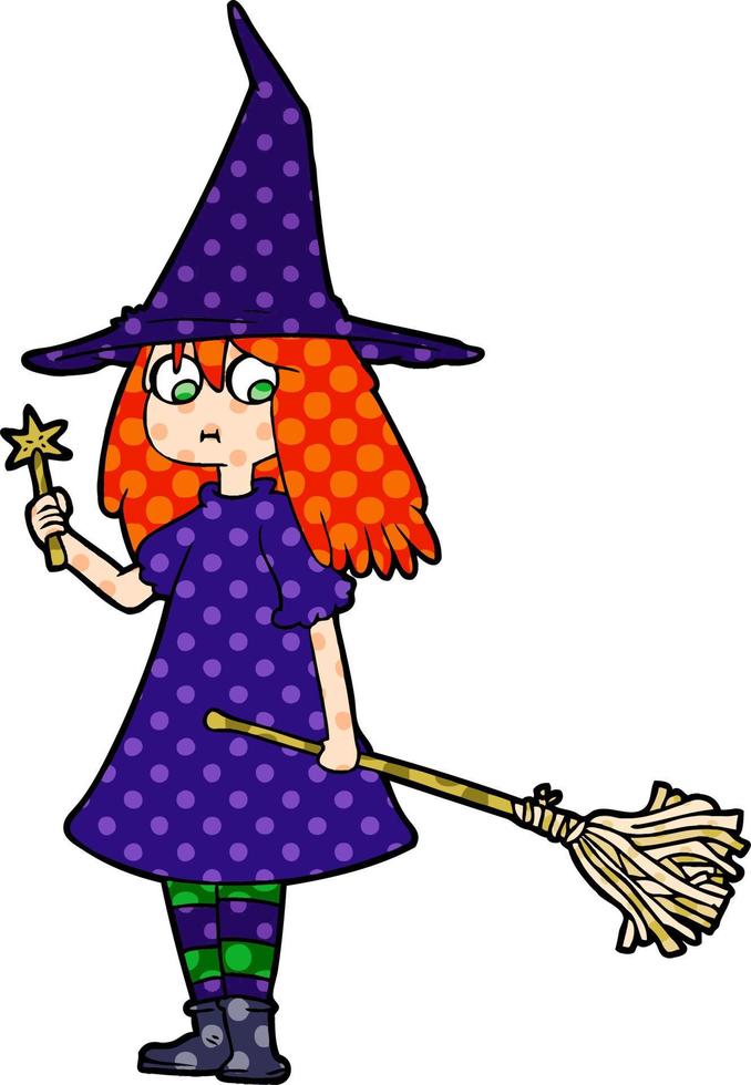 dessin animé sorcière fille avec balai vecteur