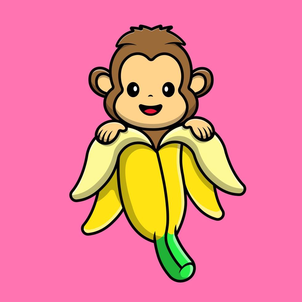 singe mignon dans l'illustration d'icônes vectorielles de dessin animé de banane fruit. concept de dessin animé plat. adapté à tout projet créatif. vecteur