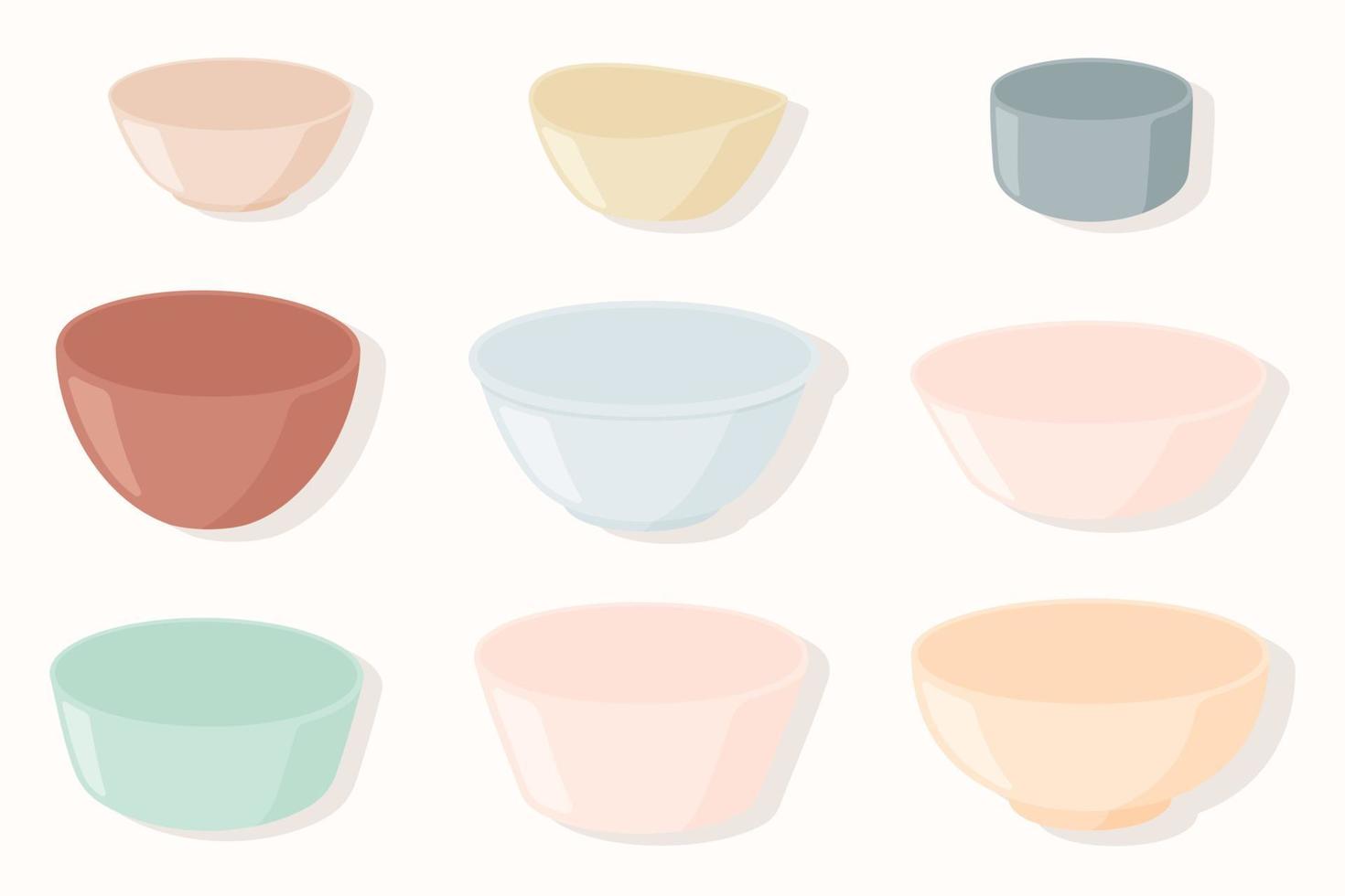 ensemble de bols en céramique vides de différentes couleurs. vecteur