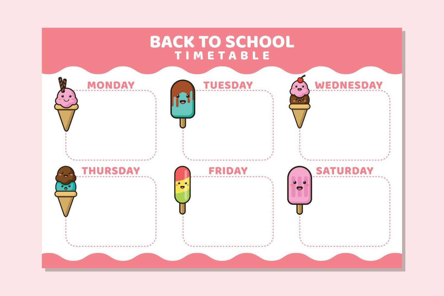 modèle de calendrier de retour à l'école thème de la crème glacée mignon vecteur