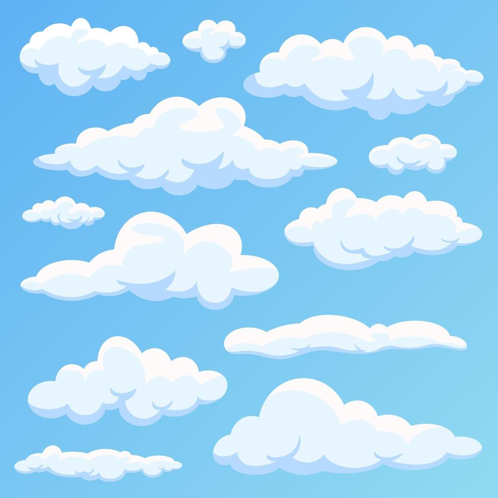ensemble de différents nuages de dessin animé isolé sur ciel bleu vecteur