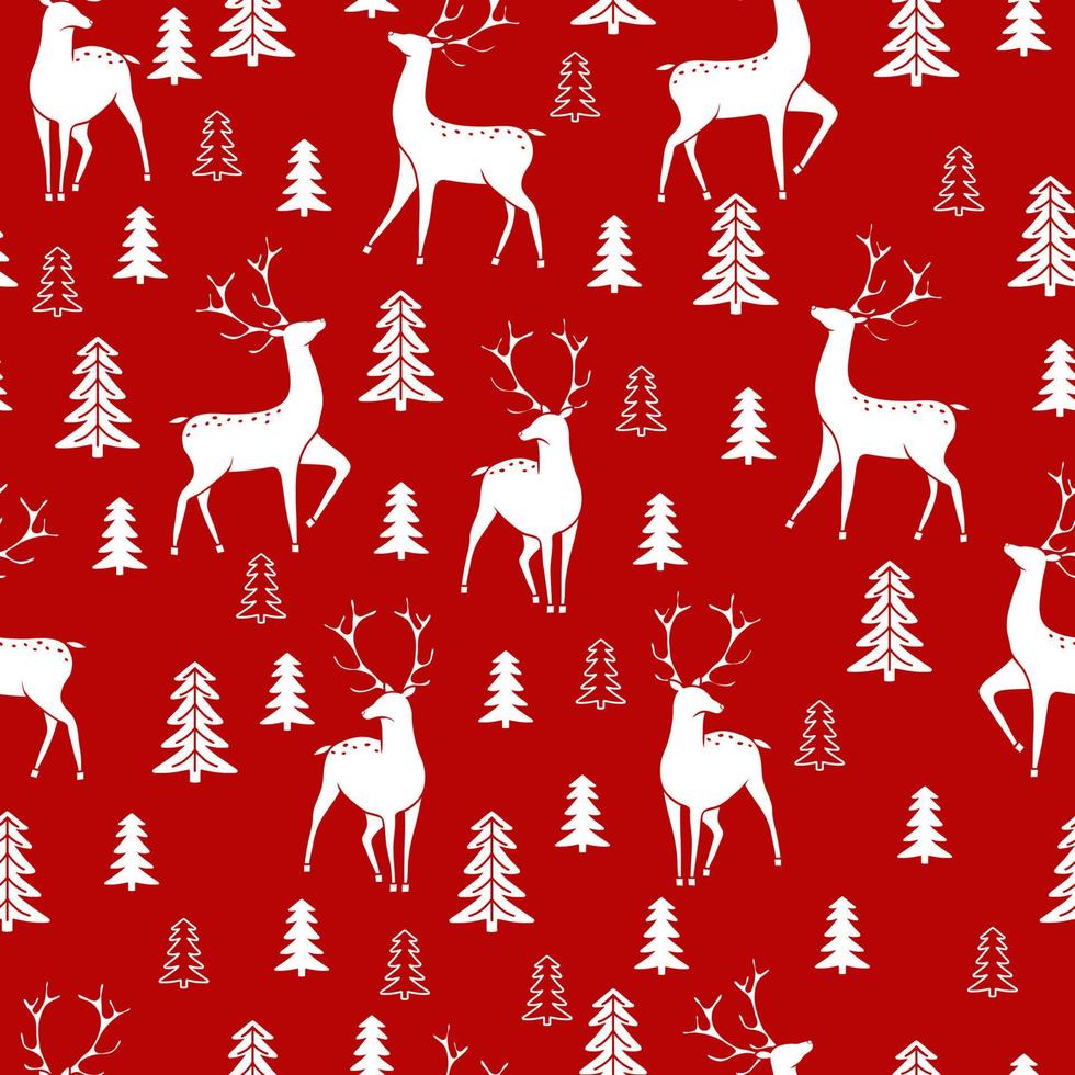 motif de noël sans couture avec des silhouettes de cerfs sur fond rouge. le motif harmonieux peut être utilisé pour les fonds d'écran, les motifs de remplissage, les arrière-plans de page Web, les textures de surface vecteur