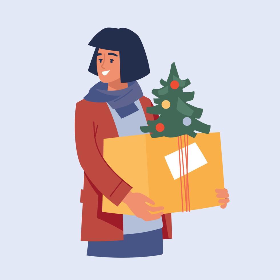 les gens avec des cadeaux. fille avec une boîte-cadeau. préparer Noël. image vectorielle. vecteur