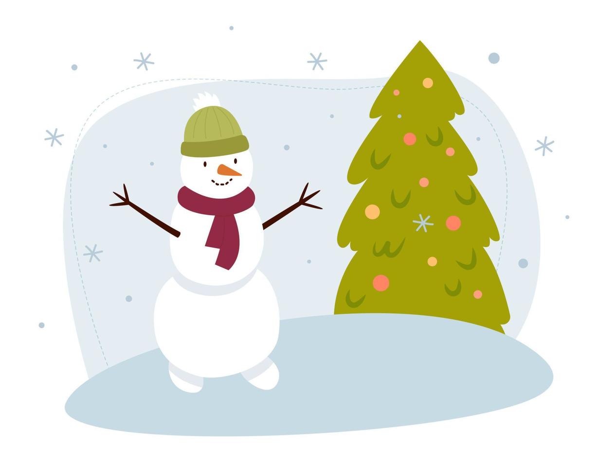 scène d'hiver avec bonhomme de neige, sapin de noël et flocons de neige. bonhomme de neige avec un chapeau vert et une écharpe rouge. illustration plate de vecteur. vecteur