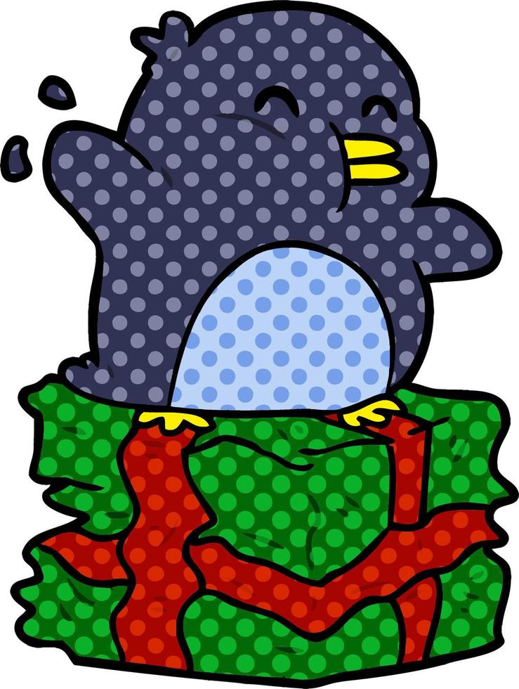pingouin de dessin animé sur cadeau emballé vecteur