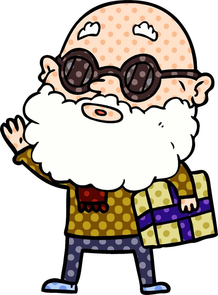 homme curieux de dessin animé avec des lunettes de soleil barbe et présent vecteur