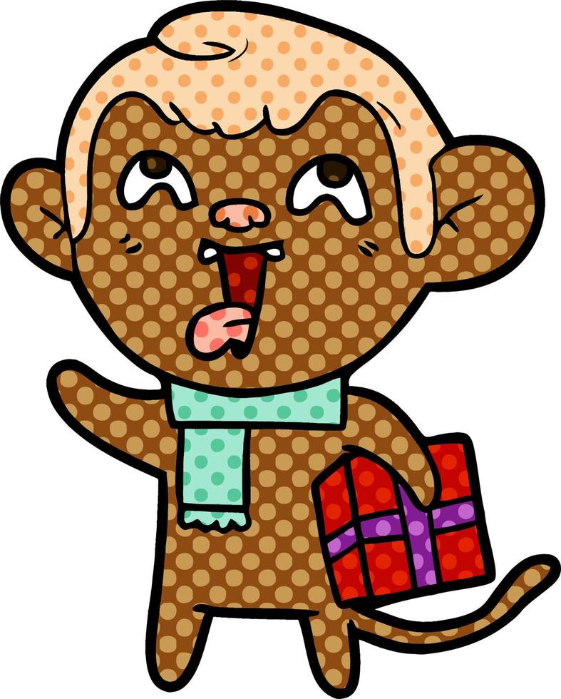 singe fou de dessin animé avec cadeau de Noël vecteur